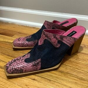 Vintage Western Leather Mules - Denim + Pink Snakeskin (Size 8.5)